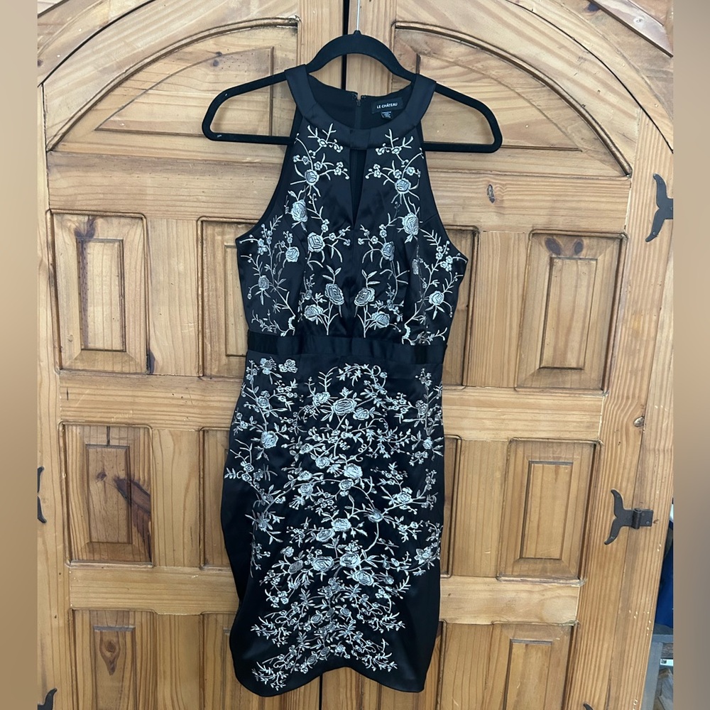 le chateau Black Midi Dress with White Floral Embroidery